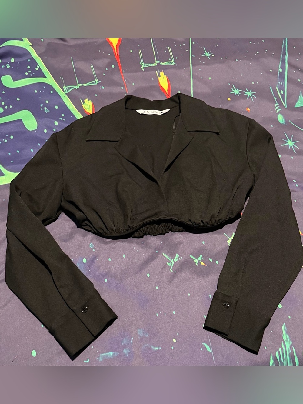 Zara Black Cropped Collared Long-Sleeve Top Size Large
